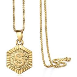 Hermah Gold Plated Charm Pendant Box Link Necklace Initital Capital Letter A-Z Mens Womens Pendant Hexagon Charm 22inch