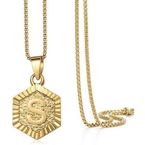 Hermah Gold Plated Charm Pendant Box Link Necklace Initital Capital Letter A-Z Mens Womens Pendant Hexagon Charm 22inch