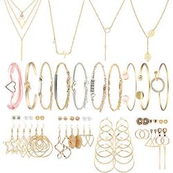 FIBO STEEL 4 Pcs Necklaces,24 Pairs Stud Dangle Earrings,10 Pcs Chain Bangle Bracelets Set for Women Fashion Gold Necklace Jewelry Set