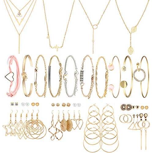 FIBO STEEL 4 Pcs Necklaces,24 Pairs Stud Dangle Earrings,10 Pcs Chain Bangle Bracelets Set for Women Fashion Gold Necklace Jewelry Set