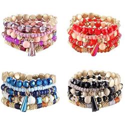 CASSIECA 4 Sets Bohemian Stackable Bead Bracelets for Women Multilayer Stretch Beaded Bracelets Set Multicolor Boho Bracelets Jewelry Sets for Women