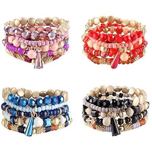 CASSIECA 4 Sets Bohemian Stackable Bead Bracelets for Women Multilayer Stretch Beaded Bracelets Set Multicolor Boho Bracelets Jewelry Sets for Women