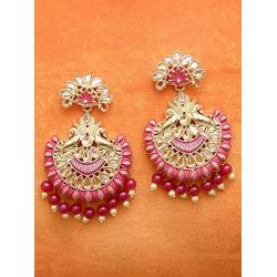 Crunchy Fashion Bollywood Jewellery Traditional Ethnic Bridal Bride Wedding Bridesmaid Rani Pink Meenakari/Hand Painted Chandbaali Indian Earrings Jewelry For Women