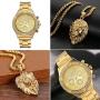 Mens Gold Japan Quartz 30M Waterproof Watch With Biker Punk Stanless Steel Animal Lion Head Pendant Necklace for Halloween Party