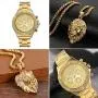 Mens Gold Japan Quartz 30M Waterproof Watch With Biker Punk Stanless Steel Animal Lion Head Pendant Necklace for Halloween Party Mens Gold Japan Quartz 30M Waterproof Watch With Biker Punk Stanless Steel Animal Lion Head Pendant Necklace for Halloween Party
