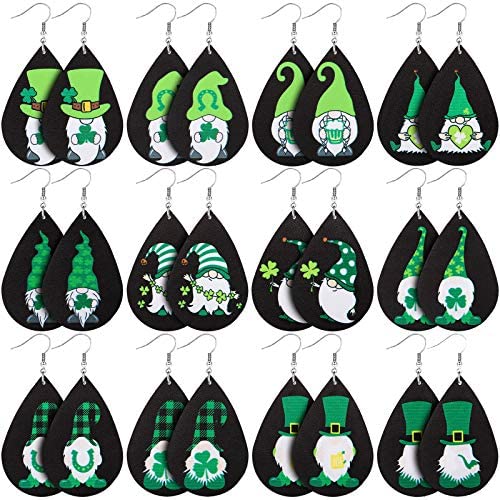 12 Pairs St Patricks Day Faux Leather Earrings Gnome Shamrock Earrings Lightweight Clover Drop Teardrop Earrings Set for Women Girls Saint Pattys Day