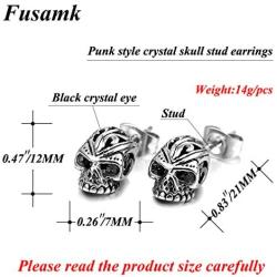 Fusamk Punk Rock Titanium Steel Flower Pattern Crystal Eye Skull Stud Earrings