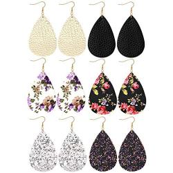 Finrezio 6pairs Teardrop Leather Dangle Earrings for Women Girls Statement Druzy Flower Drop Dangling Earring Set