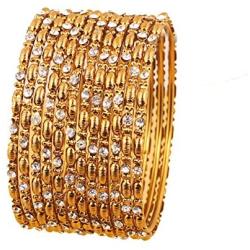 Touchstone New Golden Bangle Collection Indian Bollywood Charming Look Embellished with Yellow Color Rhinestone Thin Designer Jewelry Bangle Bracelets Set of 12. in Antique Gold Tone for Women.
