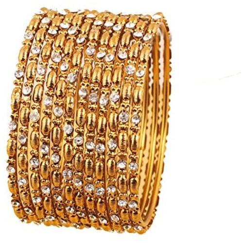 Touchstone New Golden Bangle Collection Indian Bollywood Charming Look Embellished with Yellow Color Rhinestone Thin Designer Jewelry Bangle Bracelets Set of 12. in Antique Gold Tone for Women.
