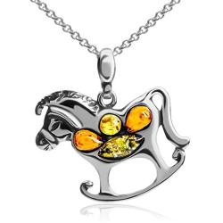 Multicolor Amber Sterling Silver Rocking Horse Pendant Necklace 18''