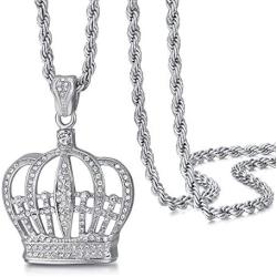 ROWIN&CO King Queen Royal Crown Necklace Silver Diamond-Cut Cubic Zirconia Charm Pendant, Hip Hop Jewelry, Rapper Chains for Men Women