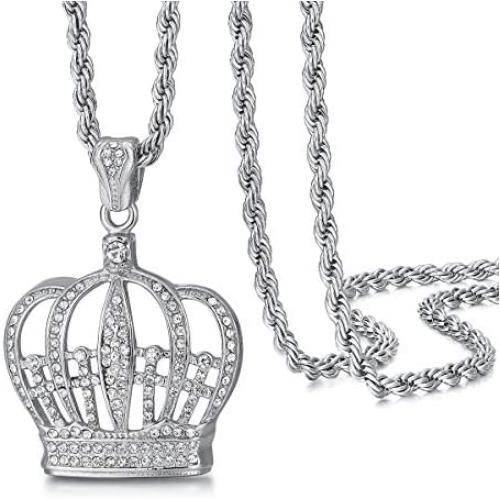 ROWIN&CO King Queen Royal Crown Necklace Silver Diamond-Cut Cubic Zirconia Charm Pendant, Hip Hop Jewelry, Rapper Chains for Men Women