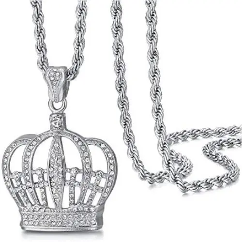 ROWIN&CO King Queen Royal Crown Necklace Silver Diamond-Cut Cubic Zirconia Charm Pendant, Hip Hop Jewelry, Rapper Chains for Men Women ROWIN&CO King Queen Royal Crown Necklace Silver Diamond-Cut Cubic Zirconia Charm Pendant, Hip Hop Jewelry, Rapper Chains for Men Women