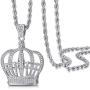 ROWIN&CO King Queen Royal Crown Necklace Silver Diamond-Cut Cubic Zirconia Charm Pendant, Hip Hop Jewelry, Rapper Chains for Men Women