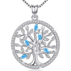 Aniu Birthstone-Necklace for Women, Solid Sterling Silver Family Tree-of-Life-Pendant, Crystal Gemstone Charm Jewelry, Birthday Gift for Mom Wife Girlfriend Grandma