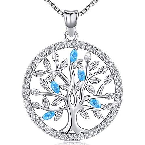 Aniu Birthstone-Necklace for Women, Solid Sterling Silver Family Tree-of-Life-Pendant, Crystal Gemstone Charm Jewelry, Birthday Gift for Mom Wife Girlfriend Grandma