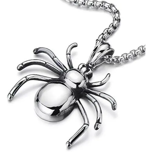 COOLSTEELANDBEYOND Stainless Steel Spider Pendant Necklace for Men for Polished with 30 Inches Wheat Chain COOLSTEELANDBEYOND Stainless Steel Spider Pendant Necklace for Men for Polished with 30 Inches Wheat Chain