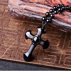 Obsidian crystal cross Amulet necklace pendant with adjustable bead chain for women or men