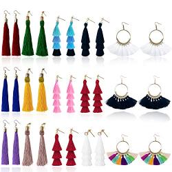 Tassel Earrings for Women Fashion - 15 Pack Colorful Drop Hook Fringe Earrings Set Tiered Thread Long Layered Ball Dangle Hoop Tassle Earrings Jewelry for Valentine Birthday Party Gift