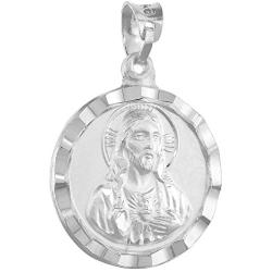 Sterling Silver St Guadalupe & Sacred Heart of Jesus Necklace Double Sided Medal 3/4 inch Round Diamond Cut 18-30 inch Chain