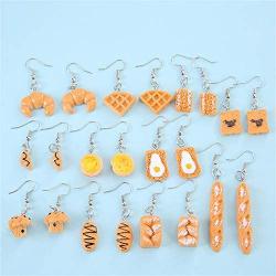 Cute 12 Pairs Handmade Simulation Food Dangle Drop Earrings Set Unique Lifelike Waffle Croissant Baguette Cupcake Croissant French Bread Toast Egg Tart Drop Earrings Set for Women Girls Jewelry Gifts