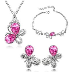 MAFMO Fashion Butterfly Hot Pink Jewelry Sets Necklace and Earrings and Bracelet for Women