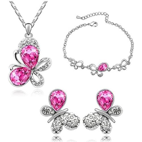 MAFMO Fashion Butterfly Hot Pink Jewelry Sets Necklace and Earrings and Bracelet for Women