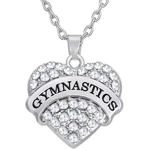 Lemegeton Heart Crystal Gymnastics Charm Chain Necklace Jewelry for Gymnast/Gymnastic Coaches&Teams (White)