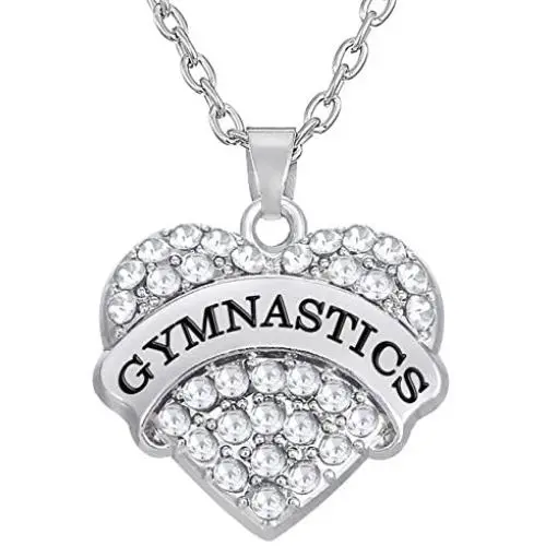 Lemegeton Heart Crystal Gymnastics Charm Chain Necklace Jewelry for Gymnast/Gymnastic Coaches&Teams (White)