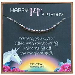 EFYTAL 14th Birthday Gifts for Girls, 925 Sterling Silver Beaded Bar Necklace on Unicorn Card, 14 Beads for 14 Year Old Girl, Jewelry Gift Idea for Daughter or Niece