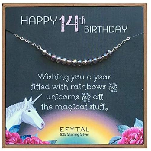 EFYTAL 14th Birthday Gifts for Girls, 925 Sterling Silver Beaded Bar Necklace on Unicorn Card, 14 Beads for 14 Year Old Girl, Jewelry Gift Idea for Daughter or Niece