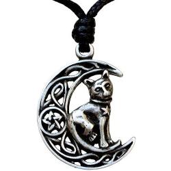 Cat Jewelry Celtic Crescent Moon Star Pentacle Pentagram Magic Wiccan Wicca Pagan Witch Witchcraft Protection Amulet Mens Pewter Pendant Necklace Lucky Good luck Charm Talisman for Men Women Girls