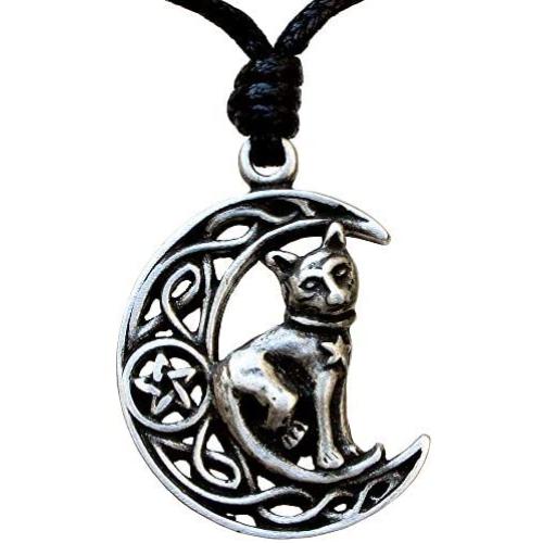 Cat Jewelry Celtic Crescent Moon Star Pentacle Pentagram Magic Wiccan Wicca Pagan Witch Witchcraft Protection Amulet Mens Pewter Pendant Necklace Lucky Good luck Charm Talisman for Men Women Girls