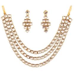 Touchstone ''Contemporary Kundan Collection Indian Bollywood tthree Layer Square Kundan Look Jewelry Necklace Set in Antique Gold Tone for Women