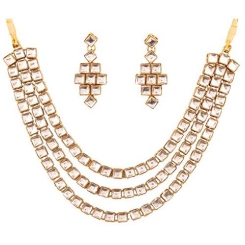 Touchstone ''Contemporary Kundan Collection Indian Bollywood tthree Layer Square Kundan Look Jewelry Necklace Set in Antique Gold Tone for Women