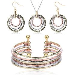 ORAZIO Metal Statement Jewelry Set for Women Triple Circles Pendant Necklace Dangle Earrings Cuff Bracelet