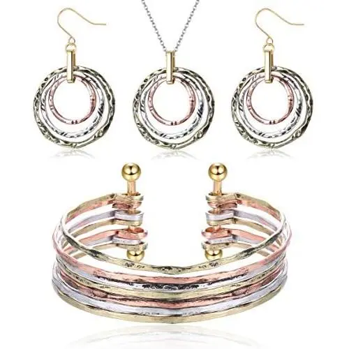 ORAZIO Metal Statement Jewelry Set for Women Triple Circles Pendant Necklace Dangle Earrings Cuff Bracelet ORAZIO Metal Statement Jewelry Set for Women Triple Circles Pendant Necklace Dangle Earrings Cuff Bracelet