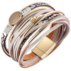 Bfiyi Leather Wrap Bracelet Prime Cuff Wristband Gold Tube Bracelet Multilayer Boho Bracelet for Women, Sister, Wife