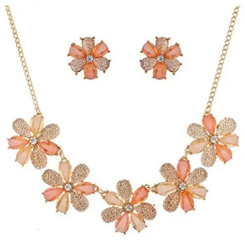 Lux Accessories Peach Caviar Glitter Flower Statement Necklace Earring Set Lux Accessories Peach Caviar Glitter Flower Statement Necklace Earring Set
