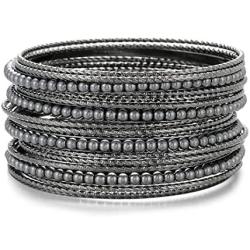 Ensoul Acrylic Pearl-Beads/Glass Seedbeads Mixed Metal Bangles Bracelets for Women Set of 17