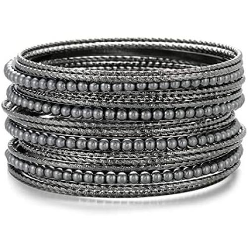 Ensoul Acrylic Pearl-Beads/Glass Seedbeads Mixed Metal Bangles Bracelets for Women Set of 17
