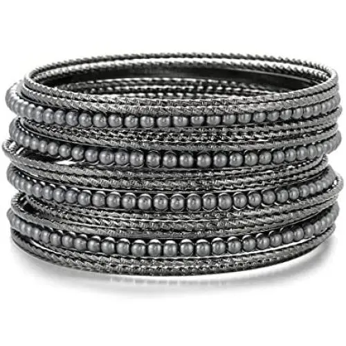 Ensoul Acrylic Pearl-Beads/Glass Seedbeads Mixed Metal Bangles Bracelets for Women Set of 17 Ensoul Acrylic Pearl-Beads/Glass Seedbeads Mixed Metal Bangles Bracelets for Women Set of 17