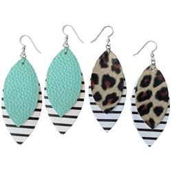 Cheetah Print Earrings for Women - 2-Layered Faux Leopard Leather Earrings Dangle Statement - Snake Print Danglers - Glitter & PU Leather - Set of Two - Mall of Style