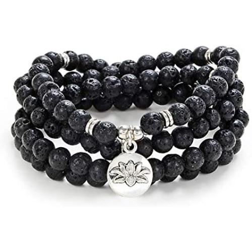 Self-Discovery 108 Bead Mala Bracelet with Lotus Charm and 6mm Small Stone Beads