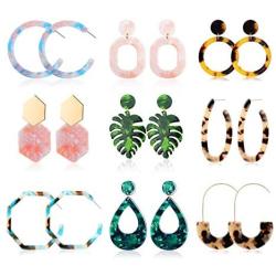 Hanpabum 9 Pairs Acrylic Statement Earrings for Women Leaf Dangle Drop Earrings Resin Bohemian Trendy Earrings Fashion Jewelry Set Girls