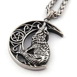 Gungneer Stainless Steel Pentacle Crescent Moon Celtic Knot Howling Wolf Necklace Irish Strength Jewelry