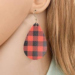 6 Pieces Christmas Red Black Plaid Print Jewelry Set, Christmas Plaid Multi-Layer Bracelet, Faux Leather Dangle Earrings, Tassel Necklace for Women