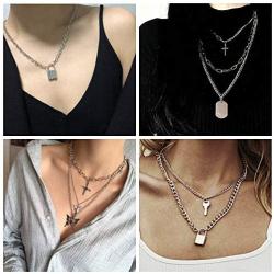 Finrezio 4Pcs Layered Chain Necklaces Set for Women Men Punk Heart Cuban Chunky Chain Necklace Statement Butterfly Lock Key Pendant Necklace