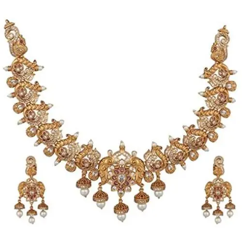 Tarinika Indian Traditional Antique Gold Plated Necklace set with Earrings for women and Girl - White Red Green
